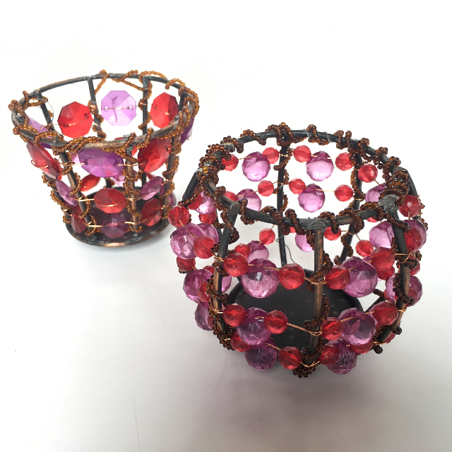 CANDLE HOLDER, Small Red & Pink Beads